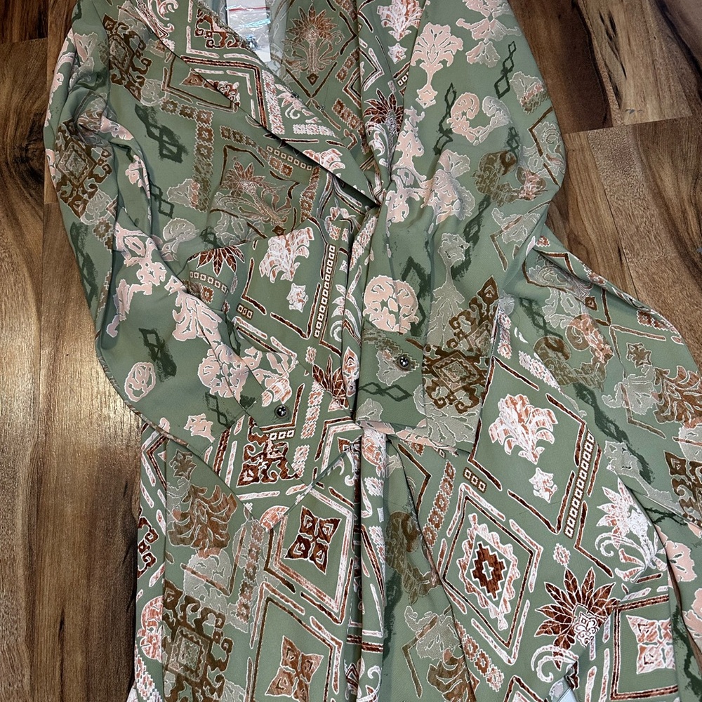 Rachel Zoe Wrap Dress Green Boho Print Long Sleeve Belted Tunic NWT Small - Picture 9 of 9